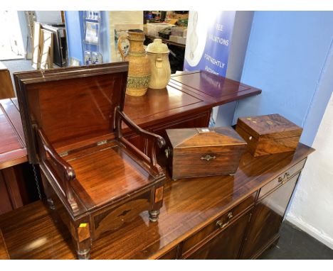 An early 19th Century mahogany sarcophagus tea caddy with fitted interior, 34cm L, another table box and a Continental inlaid