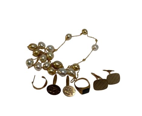 A 9ct gold signet ring, two pairs of engraved 9ct gold cufflinks, a gold hoop earring and a gold coloured costume necklace, g