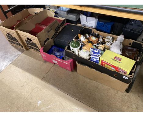 Five boxes of mixed ceramics, novelty teapots, cut glassware and Encyclopedia Britannica