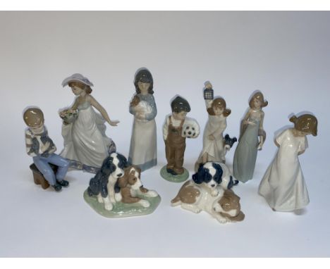 Two Lladro porcelain figural studies, the largest measures 20cm and seven Nao ornaments