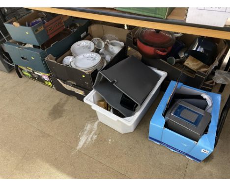 A quantity of boxes of dinnerware, cookware and homewares