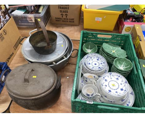 A box of Masons part tea set and four cooking pots