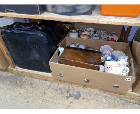 Three boxes of ceramics, teaware, wooden boxes and a boxed typewriter