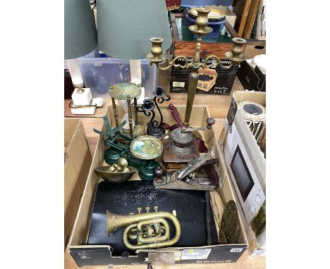 Box containing scales, candelabra, hour glass and trumpet