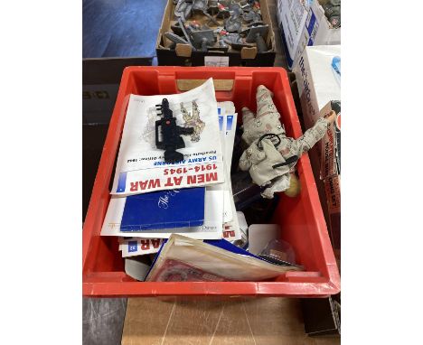 A box of Palitoy Action Man doll and Del Prado Collection model figures and a selection of bank notes