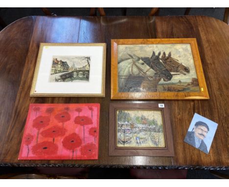 A selection of framed and other artwork; to include a small oil on board portrait of a man, a portrait of the Three Kings of 
