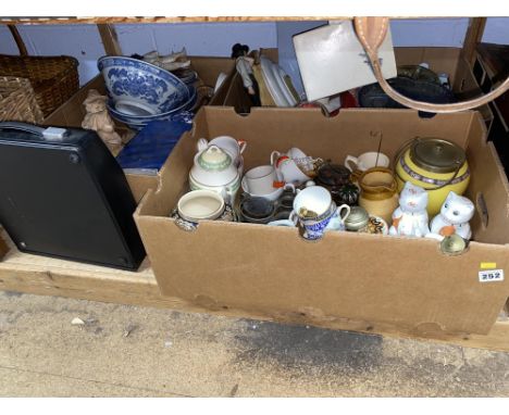 Three boxes of ceramics and a typewriter