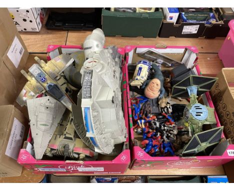 Two boxes of various early 2000's action figures and playsets, including Star Wars and The Amazing Spider-Man