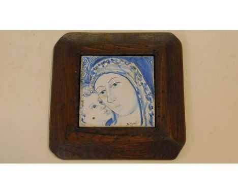 A framed painted ceramic tile, head study of the Madonna and child, signed B, Morrell. 19x19cm 