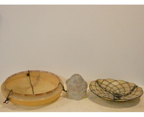 An Art Deco glass ceiling light shade with marble effect finish, an Art Deco opaque glass shade and a leaded glass ceiling sh