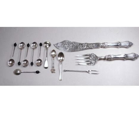 A pair of silver fish servers - Sheffield 1862, Henry Wilkinson &amp; Co., weight 215g, together with six silver coffee spoon