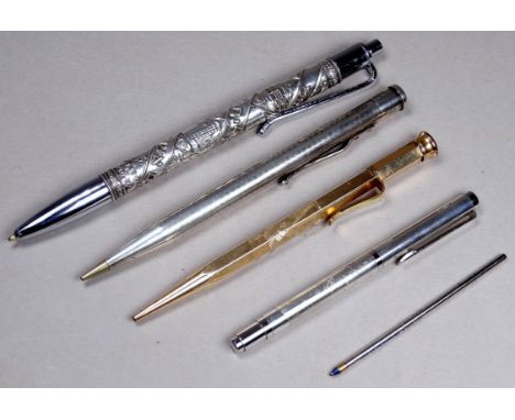 A Yard-o-Lead silver pencil - engine turned with a vacant cartouche, together with a Rolex ballpoint pen, another silver penc