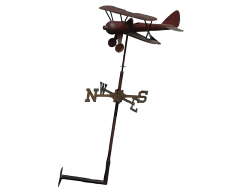 A 20th century weather vane in copper - modelled as a vintage bi-plane, the cardinal points in brass, height 107cm. 