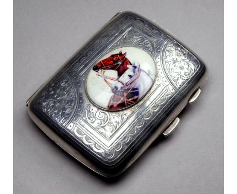 A silver cheroot case - Birmingham 1899, William Oliver, the case with later applied ceramic panel of horses, weight 89g.