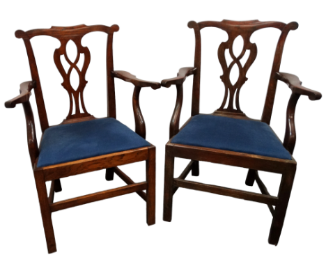 A pair of Georgian ash Chippendale style open armchairs - with pierced vase shaped splats and slip-in seats on square legs jo