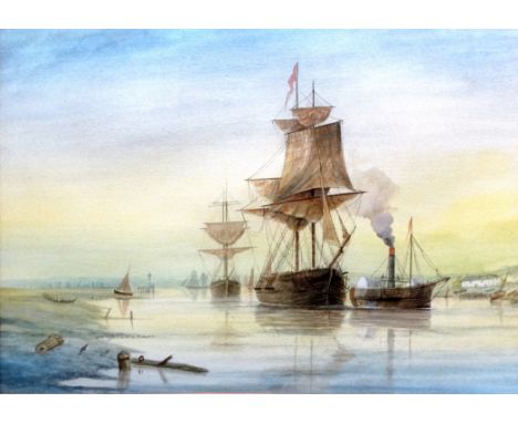 R H NIBBS (20th Century)  Paddle Tug with Vessel in Tow, Dusk  Watercolour  Signed lower left  Framed and glazed  Picture siz