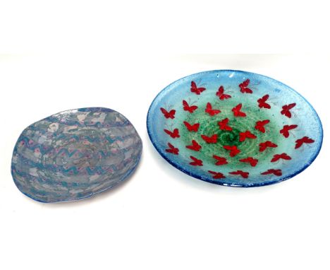 A large graduated blue to green opaque glass bowl - decorated with butterflies, diameter 53cm, together with another art pott