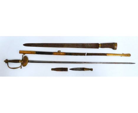 A Victorian court sword - copper wire handle and gilt metal mounts with a black leather scabbard, overall length 91cm, togeth