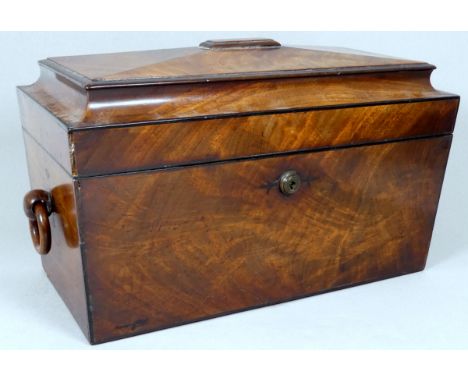 A George IV mahogany tea caddy - or sarcophagus form with void interior, width 34cm. 
