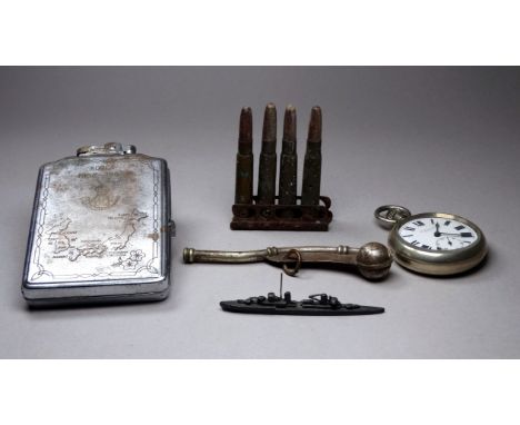 A military pocket watch by W. Ehrhardt, London - nickel case with broad arrow to reverse, white enamel dial with Roman numera