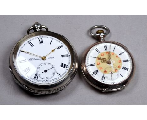 A J.B. Yabsley silver cased pocket watch - engine turned with a white enamel dial set out in Roman numerals with subsidiary s