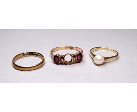 A pearl set 9ct yellow gold ring - size M/N, together with a 9ct yellow gold garnet and diamond ring, size T, lacking central