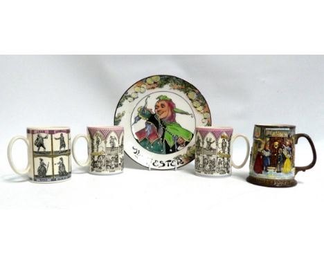 A Royal Doulton Series Ware plate 'The Jester', diameter 27cm, together with two Gilbert &amp; Sullivan opera mugs, a William