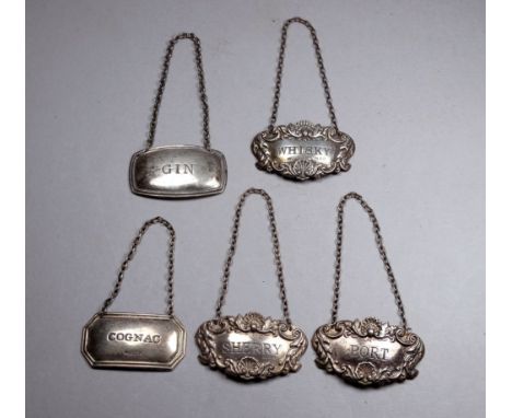 Three silver decanter labels - London 1992, Richards &amp; Knight, with foliate repousse decoration and engraved Port, Sherry