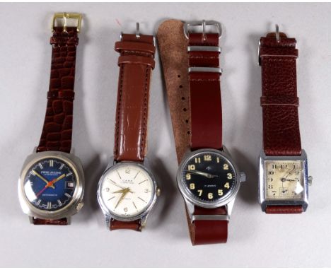 Four gentlemans wristwatches - Tank chrome watch in Art Deco style with a tan leather strap, Pierre Jacquard Super Deluxe wit