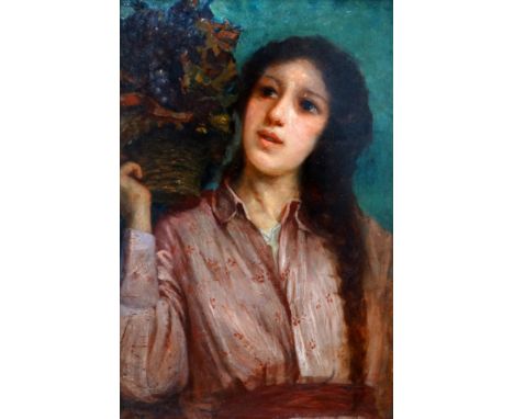 Virginia L. FINNEY (19th/20th Century School) A Young Woman With A Basket Of Flowers Oil on mahogany panel Signed lower left 