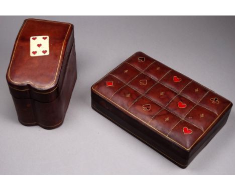 A tan leather playing cards box - five of hearts to cover, opening to reveal sections for two packs of cards, height 9cm, tog