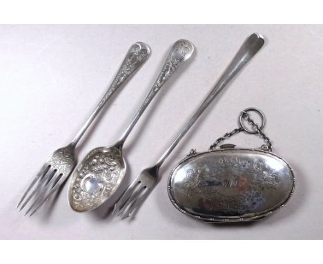 A silver purse - Birmingham 1915, W G Sothers &amp; Co, of oval form and engraved with ribbons and flowers, together with a c