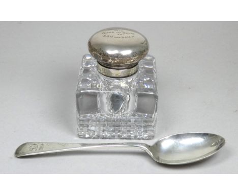 A silver topped glass inkwell - Birmingham 1888, John Grinsell &amp; Sons, engraved with a presentation inscription, together