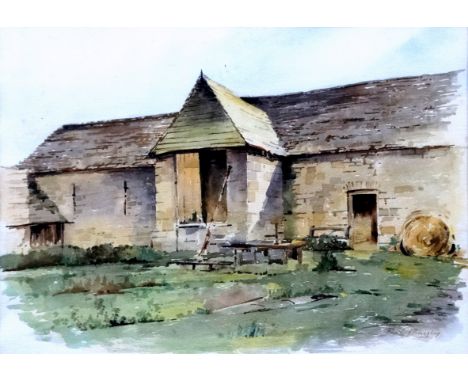 # R J BAYLY (20th Century) Stone Barn  Watercolour  Signed lower right Framed and glazed  Picture size 33 x 46cm  Overall siz