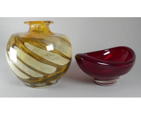 A Mdina style vase - of globe form, amber and white glass marbled swirls, height 16cm, together with a Murano style red glass