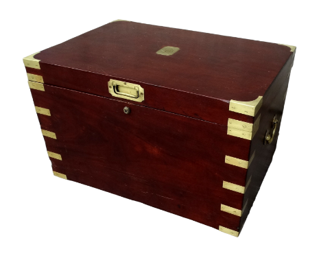 A late 19th century mahogany and brass bound campaign trunk - the lid with engraved cartouche and brass bale handles, the int
