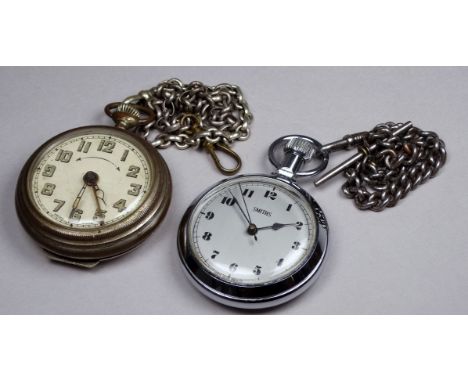 A Smiths chrome plated pocket watch - the silvered dial with Arabic numerals and sweep second hand, together with an earlier 
