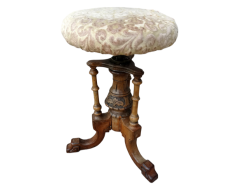 A Victorian walnut piano stool - the circular upholstered seat above a circular column on tripod base, diameter 33cm. 