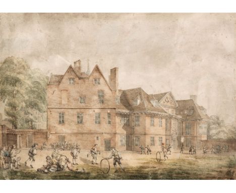 English School. The School Playground, circa 1800, pen, ink and watercolour on wove paper, depicting numerous boys playing ga