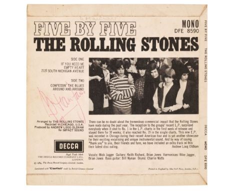 The Rolling Stones. A signed EP record sleeve for Five by Five 'Decca Mono DFE 8590', 1964, signed by Brian Jones in red ball