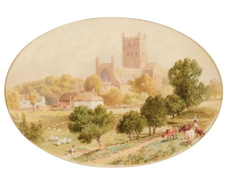 Foster (Myles Birket, 1825-1899). Landscape with Tewkesbury Abbey, fine small-scale oval watercolour on paper, heightened wit