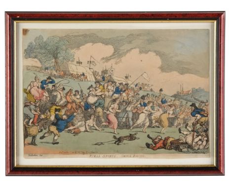 Rowlandson (Thomas). Rural Sports, Smock Racing, Thos. Tegg, 1811, etched caricature with contemporary hand-colouring, thread