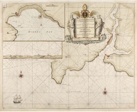 Collins (Capt. Greenville). Fowey &amp; Mounts Bay..., [1693 -1779], hand coloured engraved sea chart, inset map of Mount's B