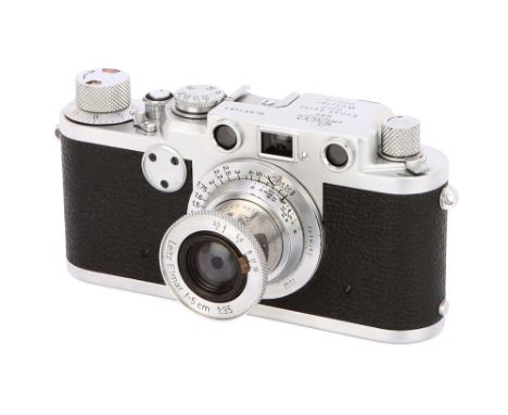 1953, chrome, serial no. 651463, with Leitz Elmar f/3.5 50mm lens, 1948, chrome, serial no. 672807, body, VG-E, shutter worki