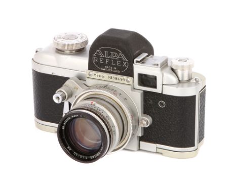 1956-59, chrome, serial no. 38699, with Kern-Switar AR f/1.8 50mm lens, chrome, serial no. 632470, body, VG, shutter requires