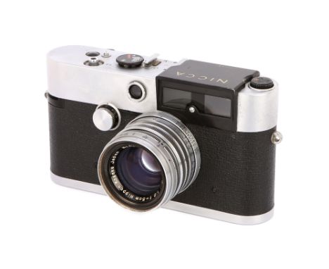 1957-58, chrome, serial no. 184053, with Nikon Nikkor-H.C. f/2 50mm lens, chrome, serial no. 624973, body, G, shutter working