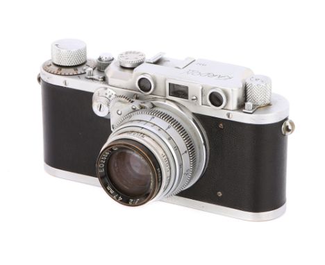 1945, chrome, serial no. 1552, with Kodak Ektar f/2 47mm lens, chrome, serial no. EO25561, body, G-VG, shutter working, lens 