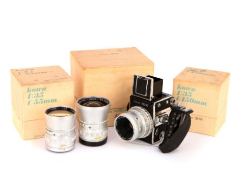 1968, black, serial no. 304650, with Kowa f/2.8 85mm lens, chrome, serial no. 224699, body, G-VG, lens, G, shutter working, s