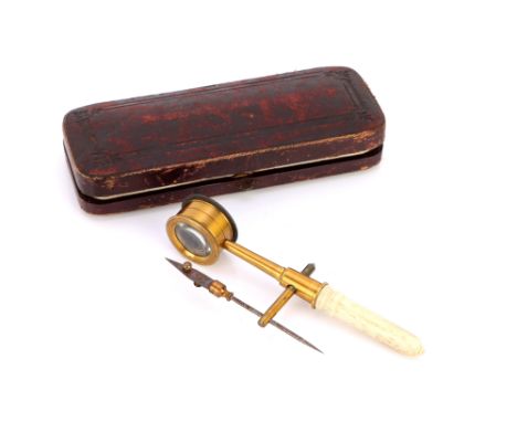 European, c.1880, unsigned, with unusual compound lens, adjustable arm with forceps in fitted blue velvet and silk lined leat