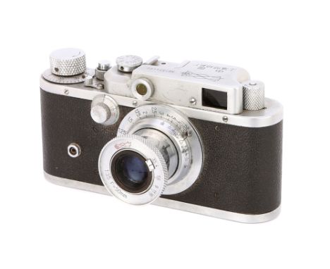 1959-63, chrome, serial no. 5854482, with f/3.5 50mm lens, chrome, body, G, shutter working, slow speeds sticking, lens, F-G,